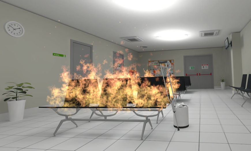 Simulación de incendio en una sala de espera Escenario virtual de incendio en una sala de espera para formación en actuación ante emergencias.
