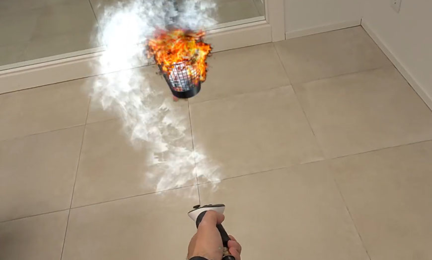 Extinción virtual del incendio de una papelera Práctica en primera persona para extinguir el incendio simulado de una papelera con E-Xtinguisher.